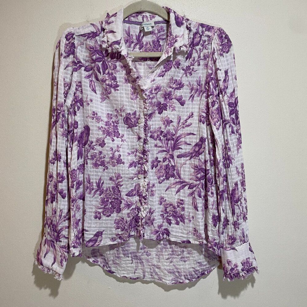 Sundance Sz XS Chantilly Blooms Button Down Top Blouse White Purple Floral Bird - Picture 2 of 12